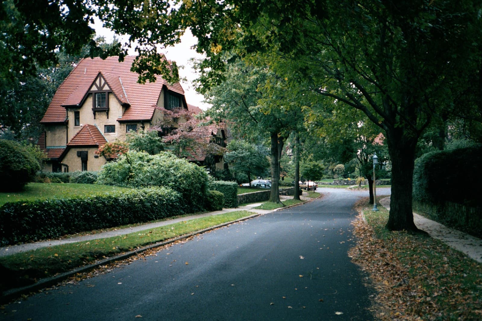 Tree-lined residential street with a Tudor-style house in Forest Hills Gardens, Queens